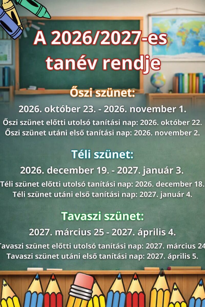 Tanév rendje táblázat 2026-2027